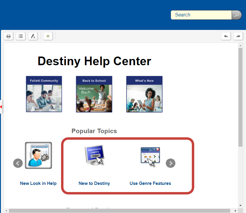 Destiny Help Center icons for New to Desitny and Use Genre Features topic